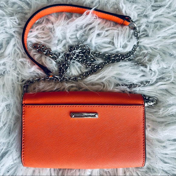 Rebecca Minkoff Leather Orange Studded Spiked on a Chain Wallet Clutch Purse - Picture 5 of 6